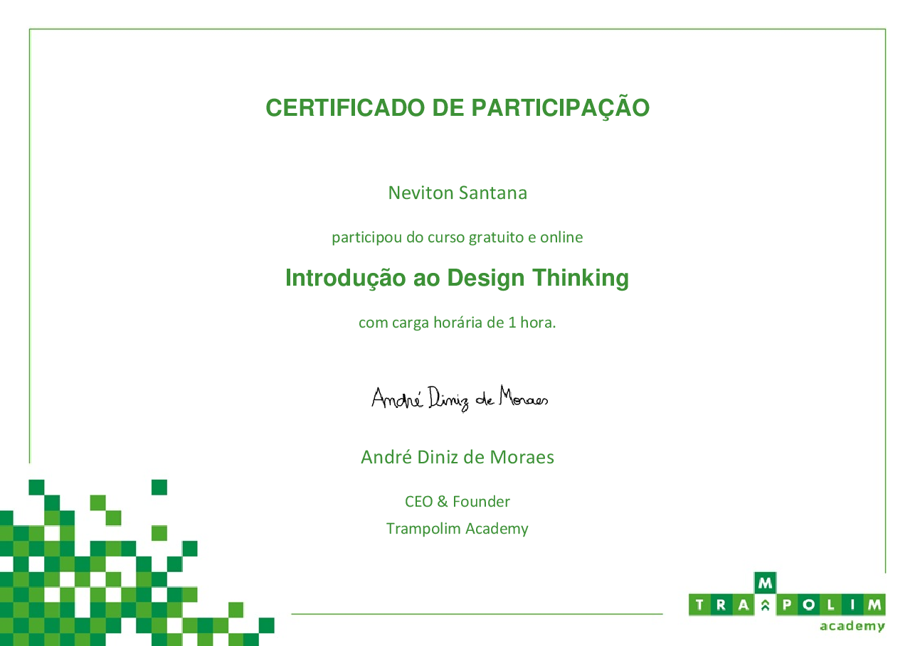 Certificado de Participação de Neviton Santana, emitido por Trampolim Academy