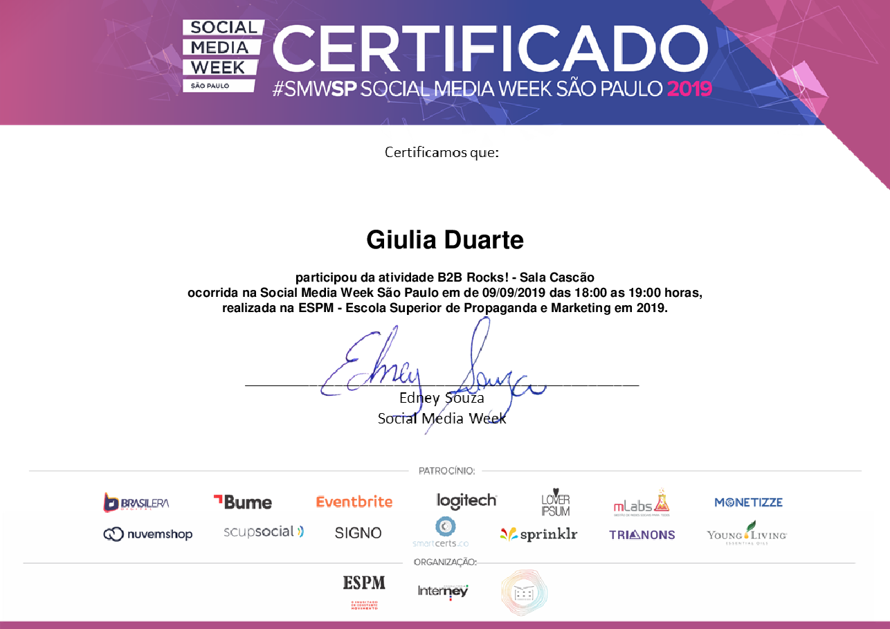 Certificado de Participação de Giulia Duarte, emitido por Social Media Week