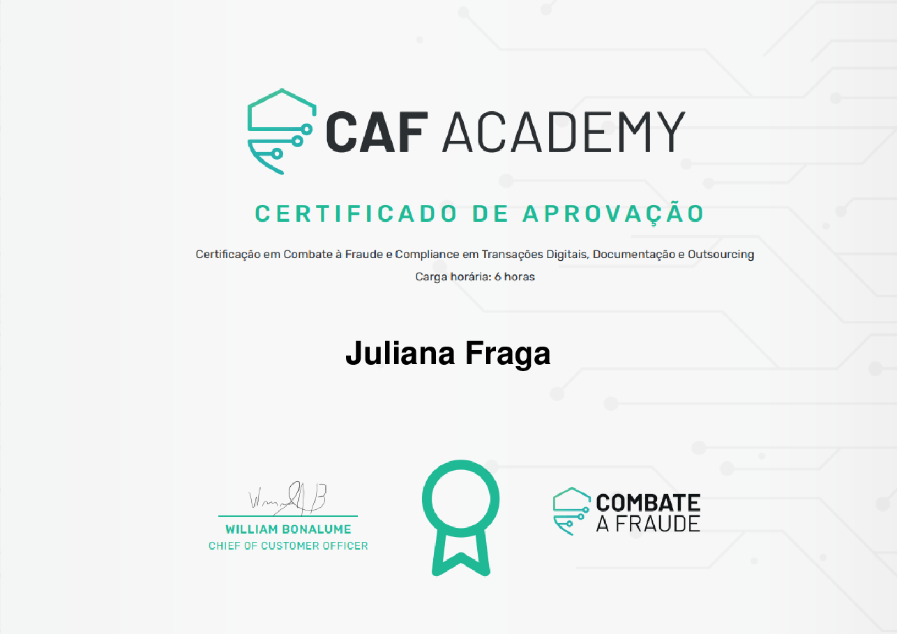 Certificado de Conclusão de Juliana Fraga, emitido por Fintech School