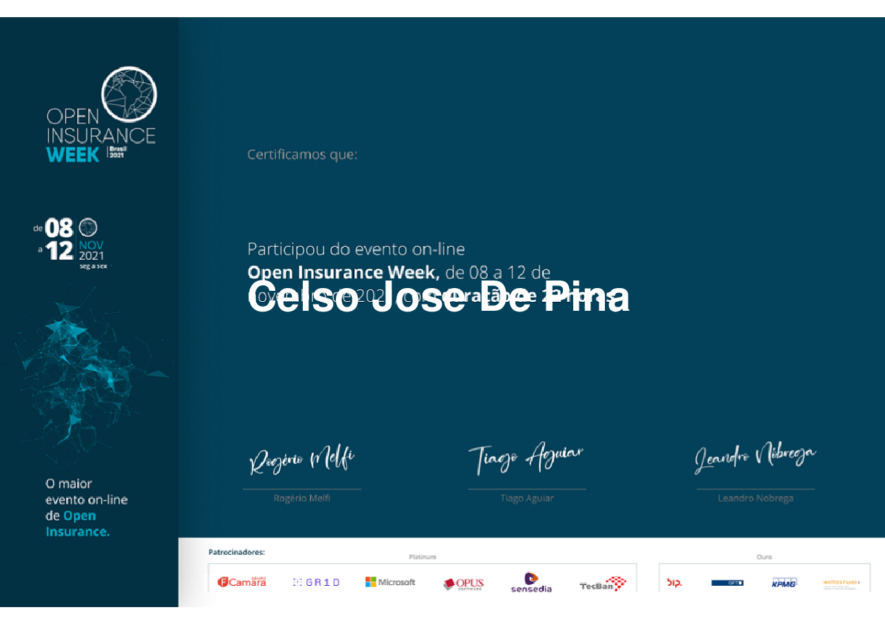 Certificado de Participação de Celso Jose De Pina, emitido por Somos Ox