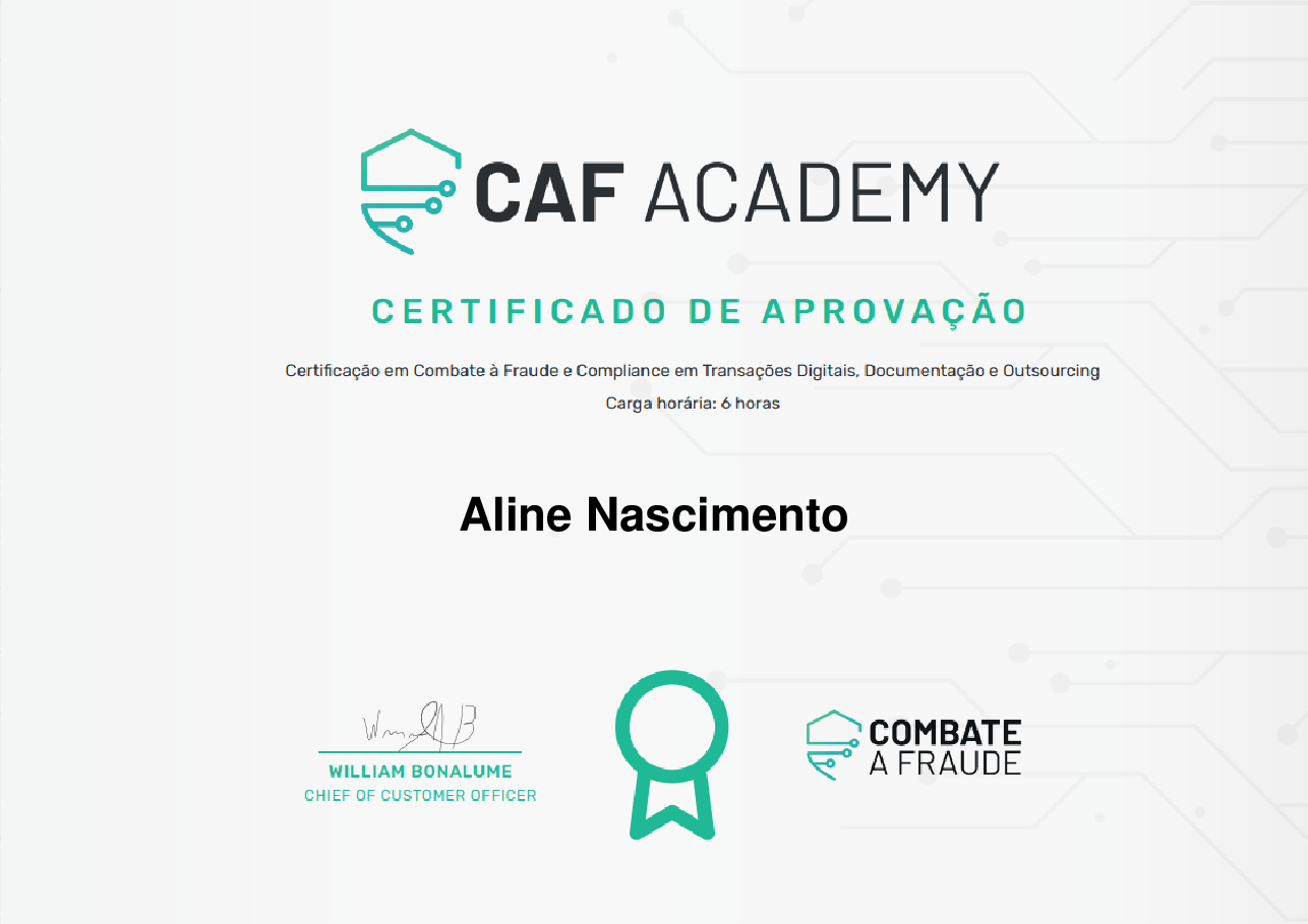 Certificado de Conclusão de Aline Nascimento, emitido por Fintech School