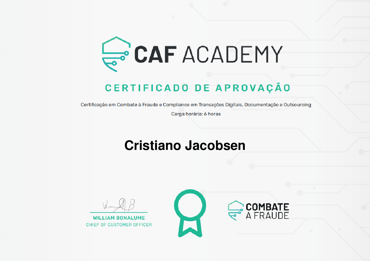Certificado de Conclusão de Cristiano Jacobsen, emitido por Fintech School