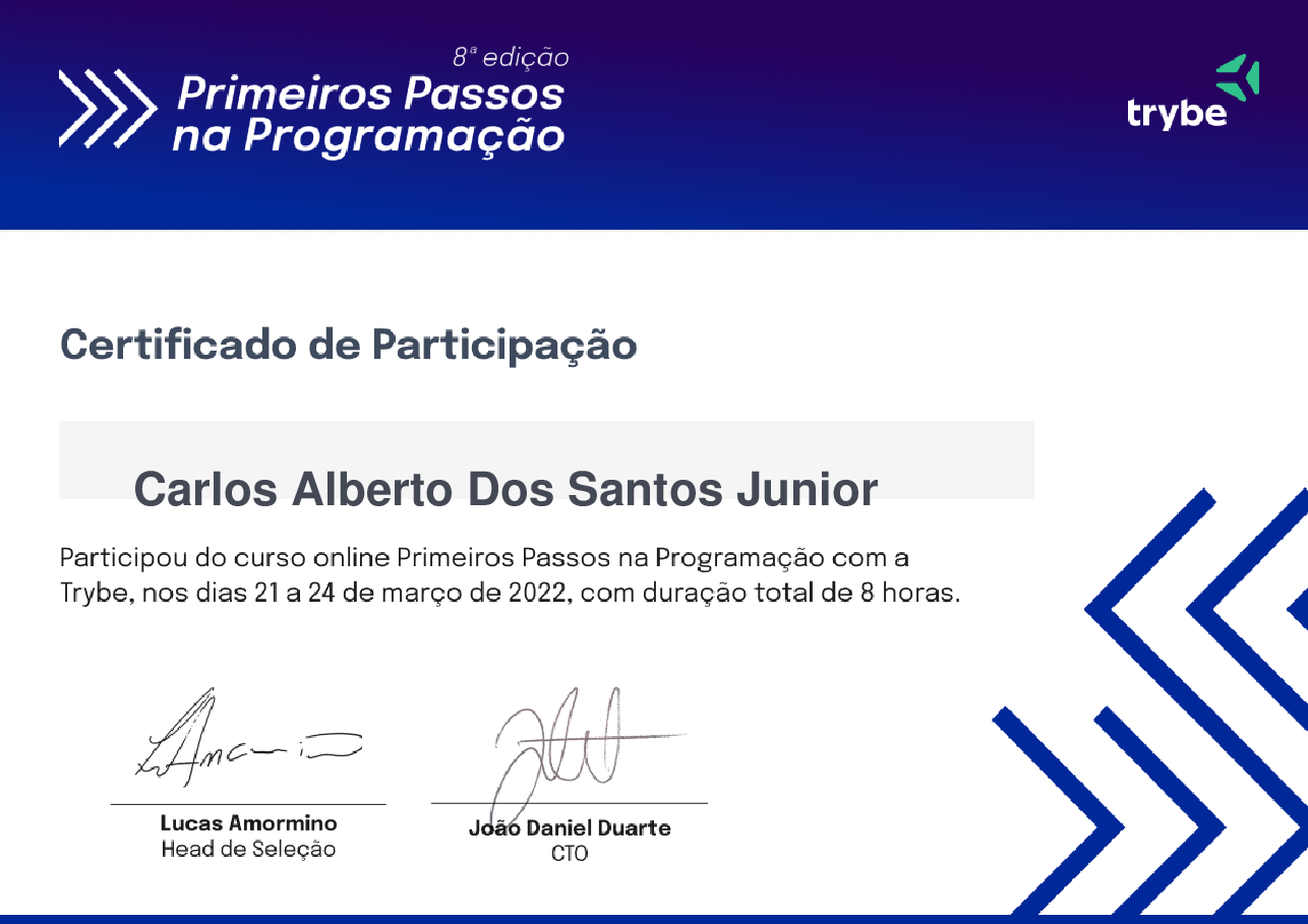 Certificado de Participação de Carlos Alberto Dos Santos Junior, emitido por Trybe