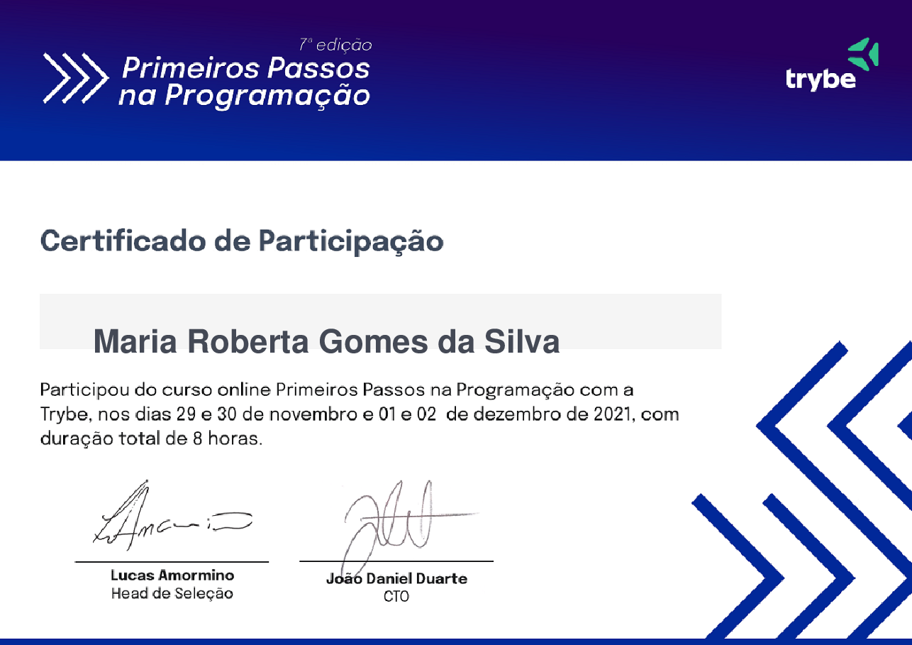 Certificado de Participação de Maria Roberta Gomes da Silva, emitido por Trybe