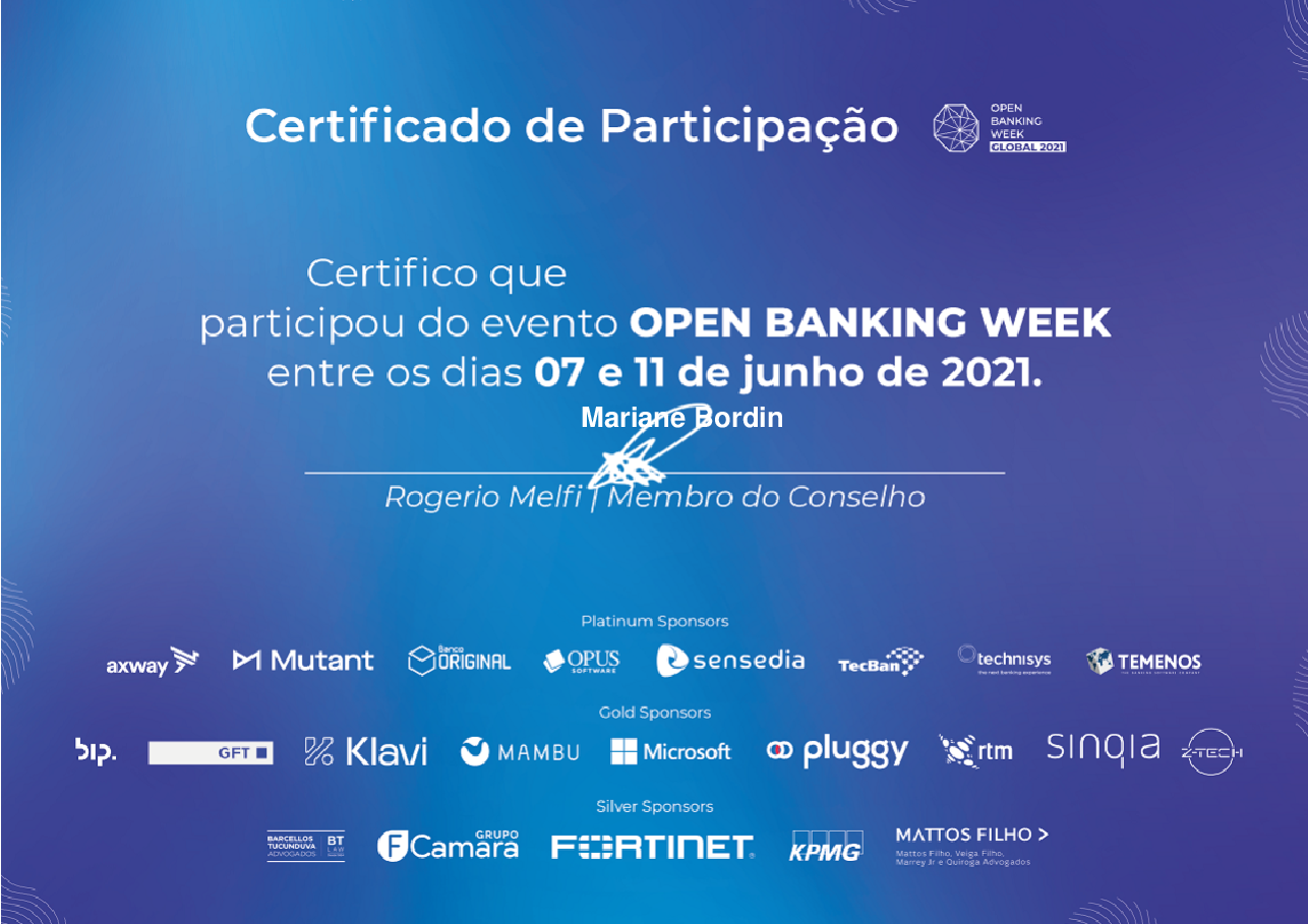 Certificado de Participação de Mariane Bordin, emitido por Open Banking Brasil