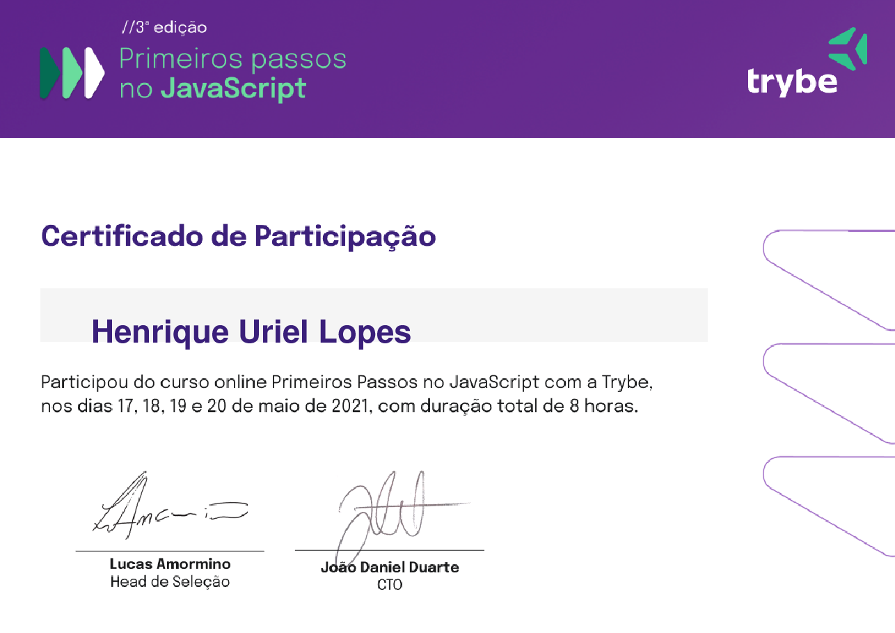 Certificado de Participação de Henrique Uriel Lopes, emitido por Trybe