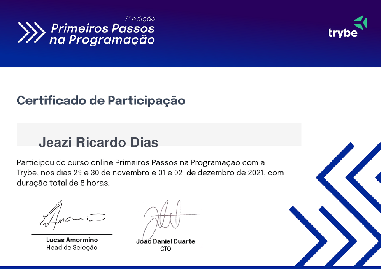 Certificado de Participação de Jeazi Ricardo Dias, emitido por Trybe