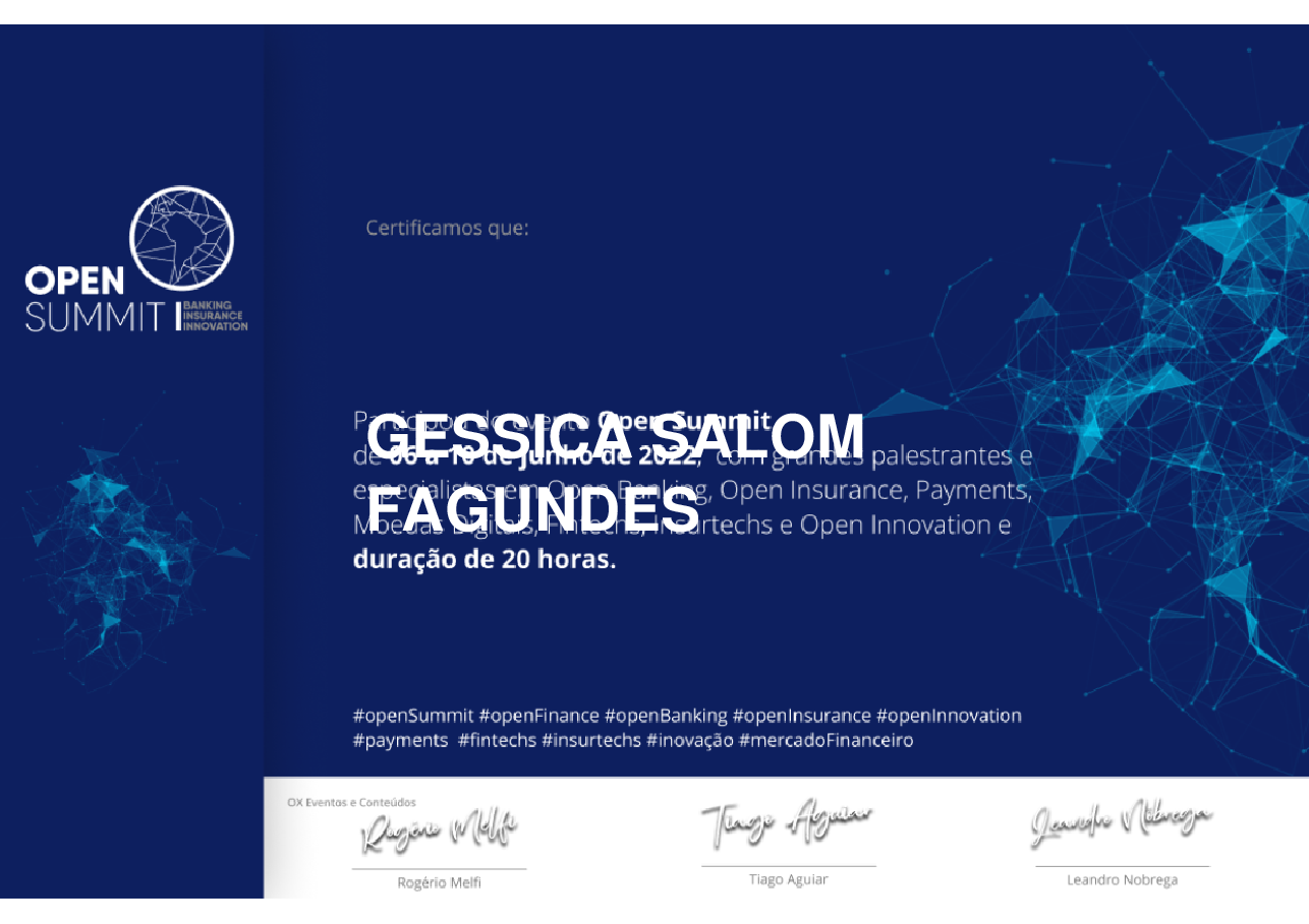 Certificado de Participação de GESSICA SALOM FAGUNDES, emitido por Somos Ox