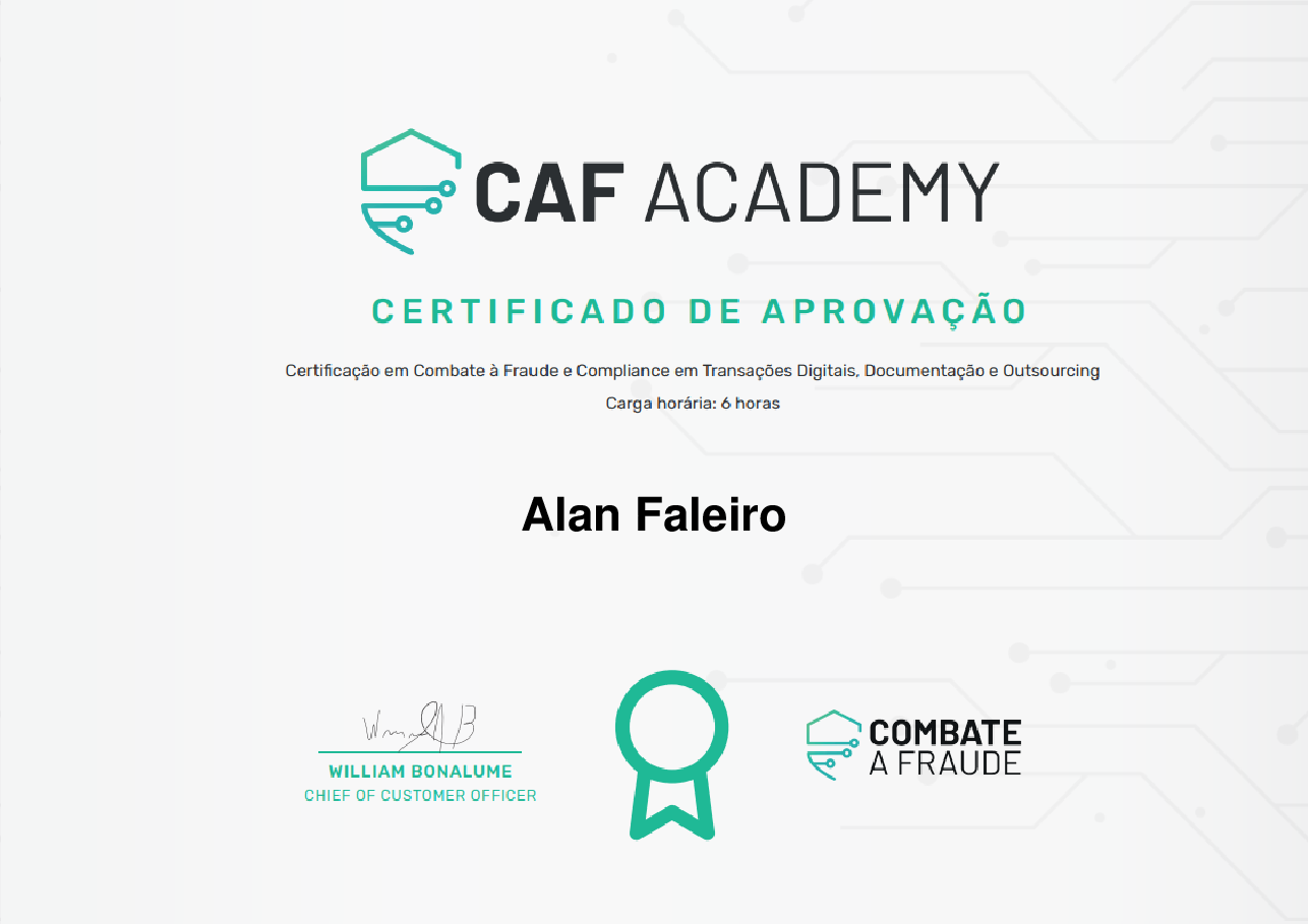 Certificado de Conclusão de Alan Faleiro, emitido por Fintech School