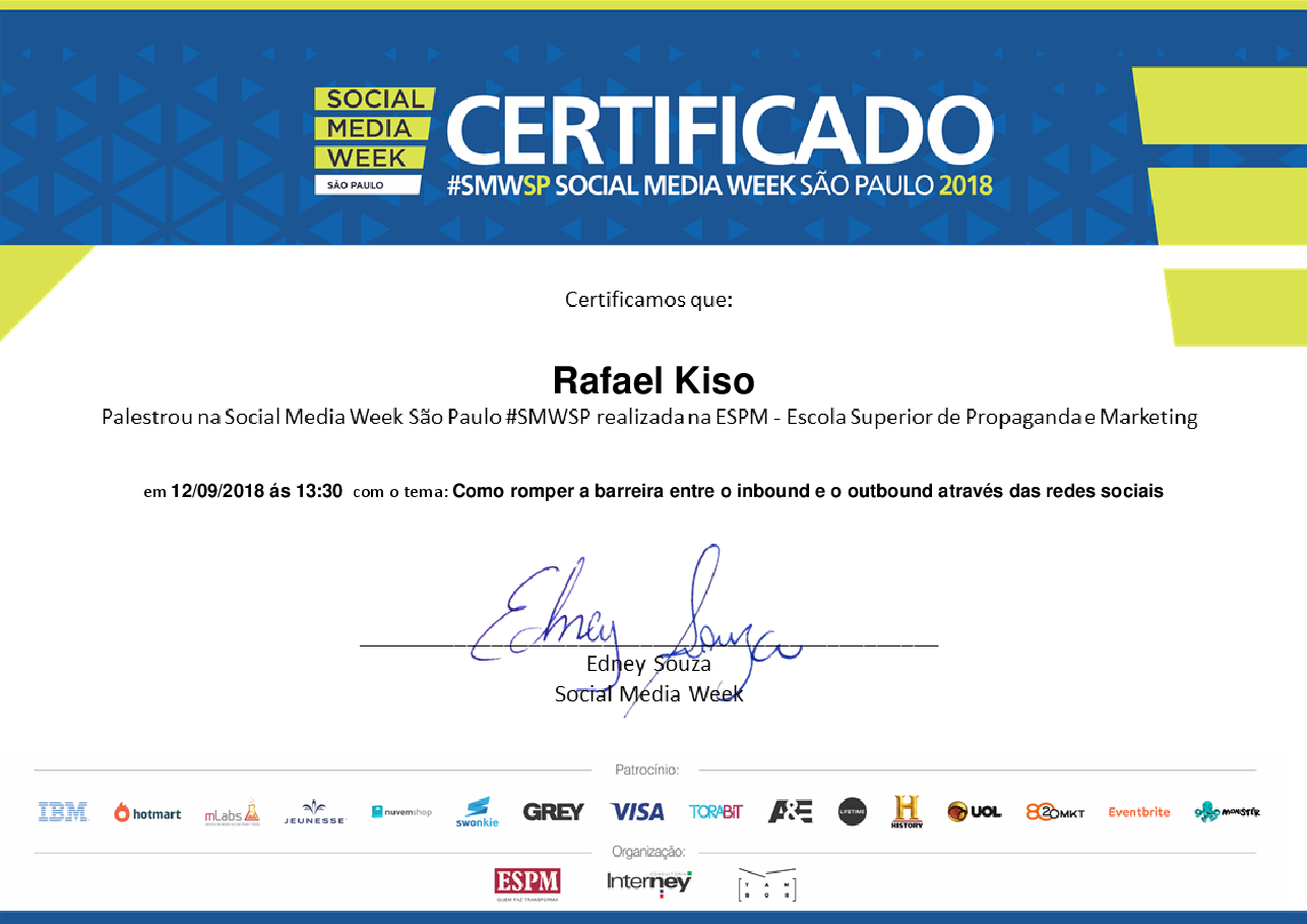 Certificado de Palestrante de Rafael Kiso, emitido por Social Media Week