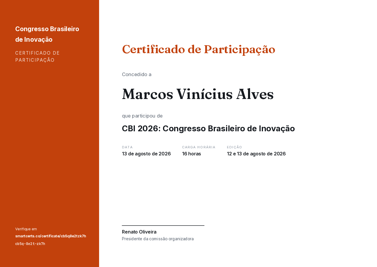 Certificado de Participação de Marcos Vinícius Alves, Congresso Brasileiro de Inovação