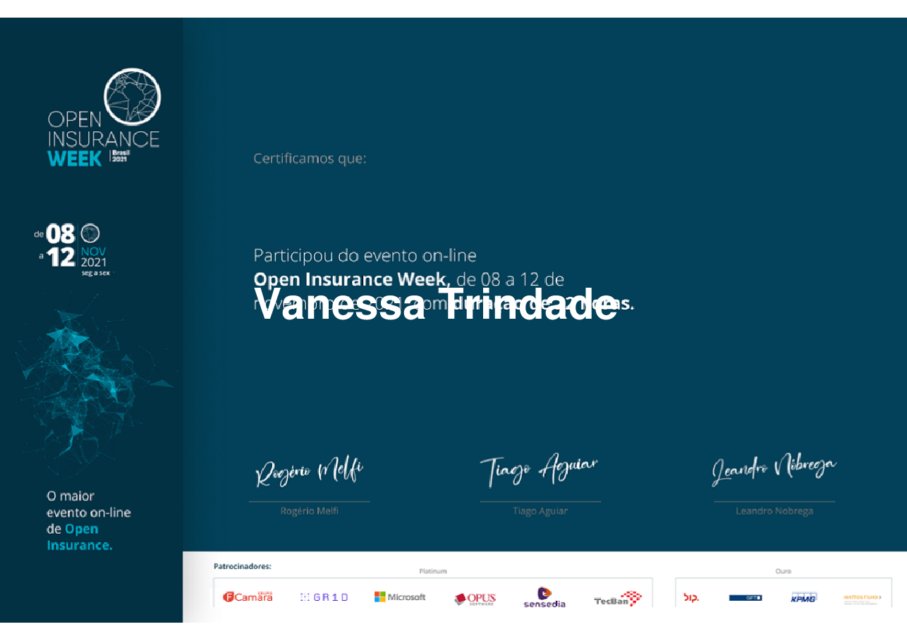 Certificado de Participação de Vanessa Trindade, emitido por Somos Ox