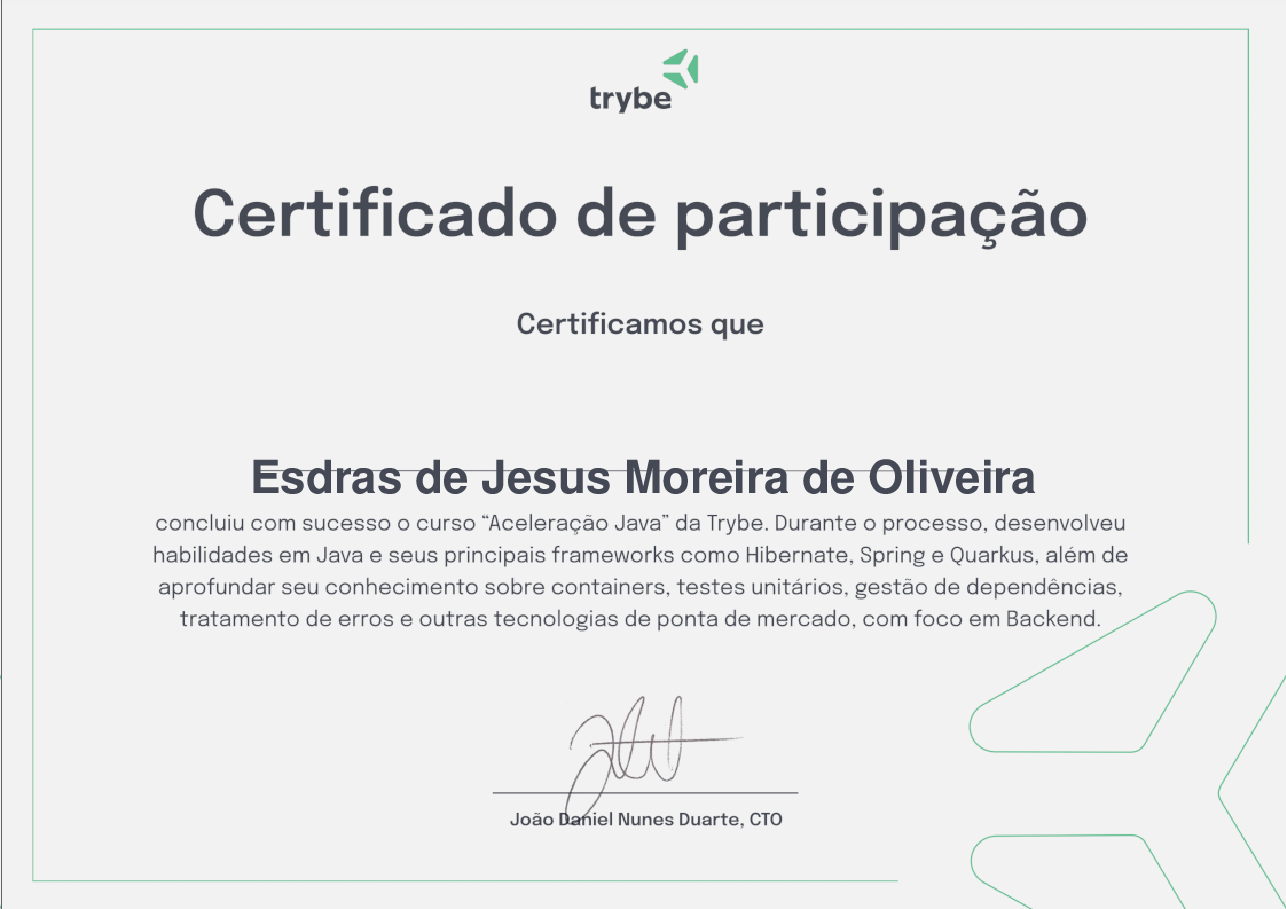 Certificado de Participação de Esdras de Jesus Moreira de Oliveira, emitido por Trybe