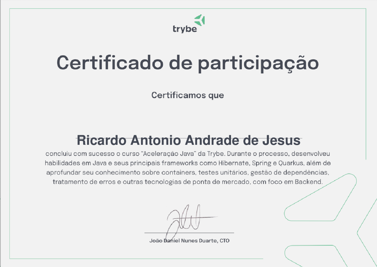 Certificado de Participação de Ricardo Antonio Andrade de Jesus, emitido por Trybe