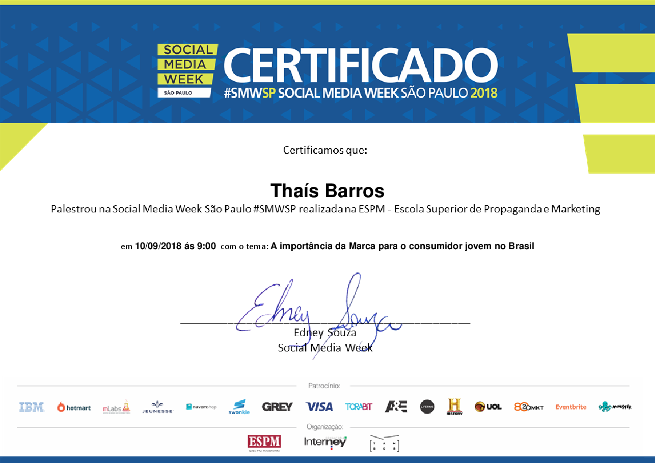 Certificado de Palestrante de Thaís Barros, emitido por Social Media Week