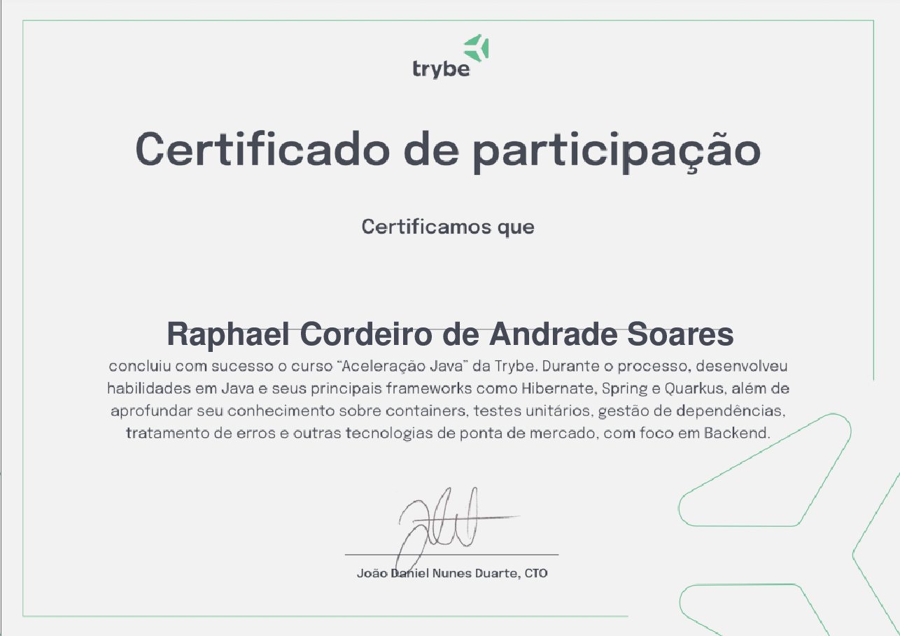 Certificado de Participação de Raphael Cordeiro de Andrade Soares, emitido por Trybe