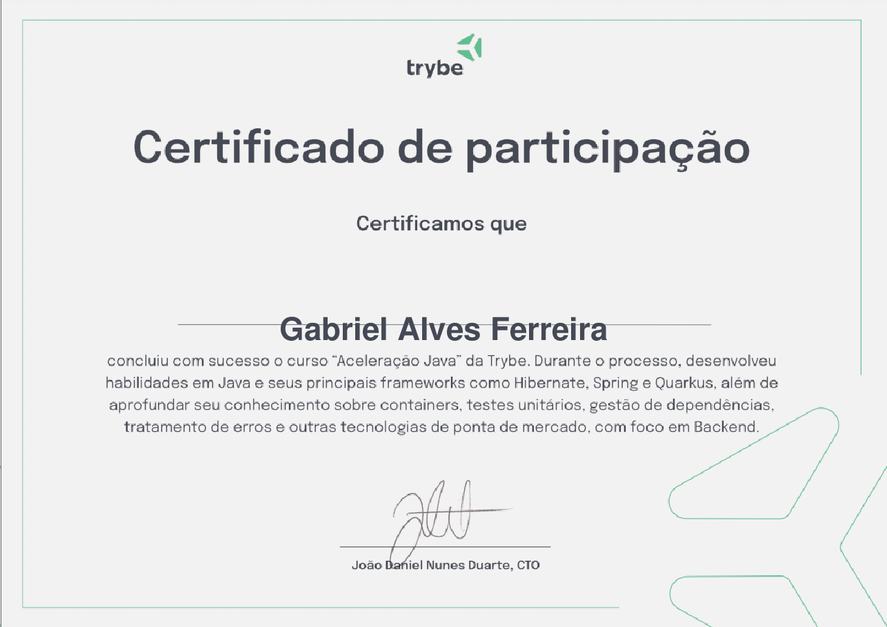 Certificado de Participação de Gabriel Alves Ferreira, emitido por Trybe