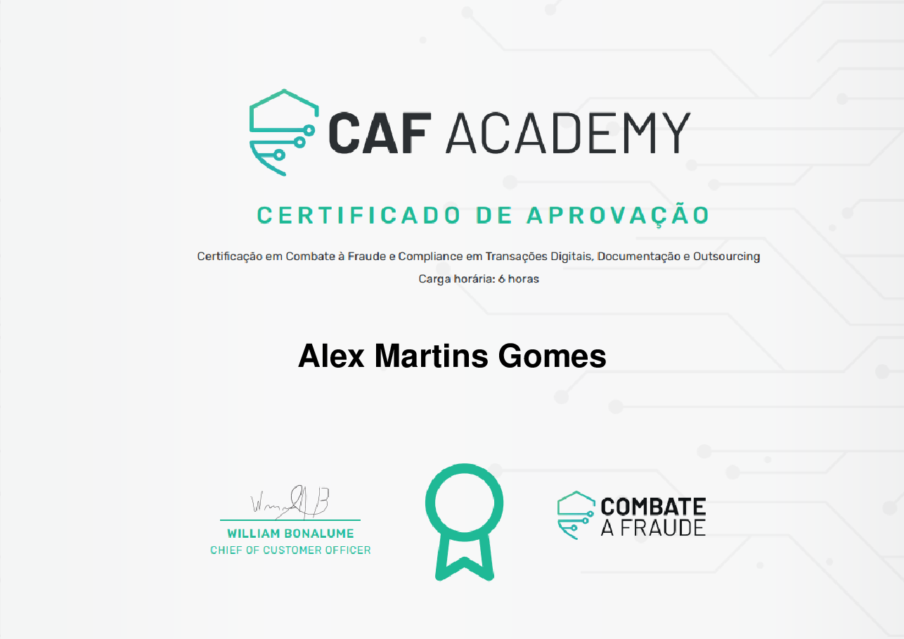 Certificado de Conclusão de Alex Martins Gomes, emitido por Fintech School