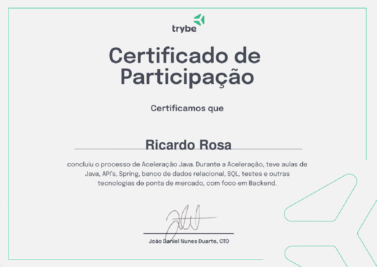 Certificado de Participação de Ricardo Rosa, emitido por Trybe
