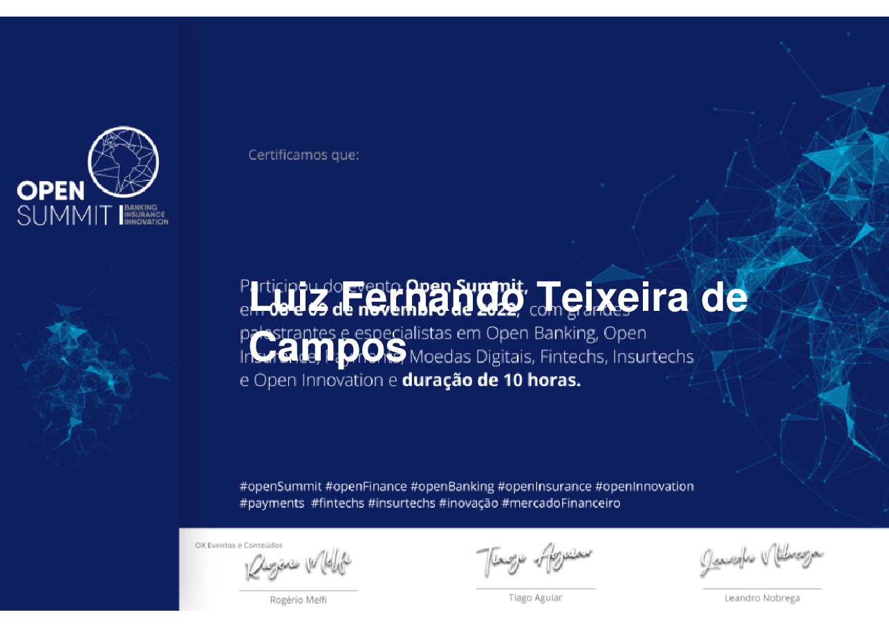 Certificado de Participação de Luiz Fernando Teixeira de Campos, emitido por Somos Ox