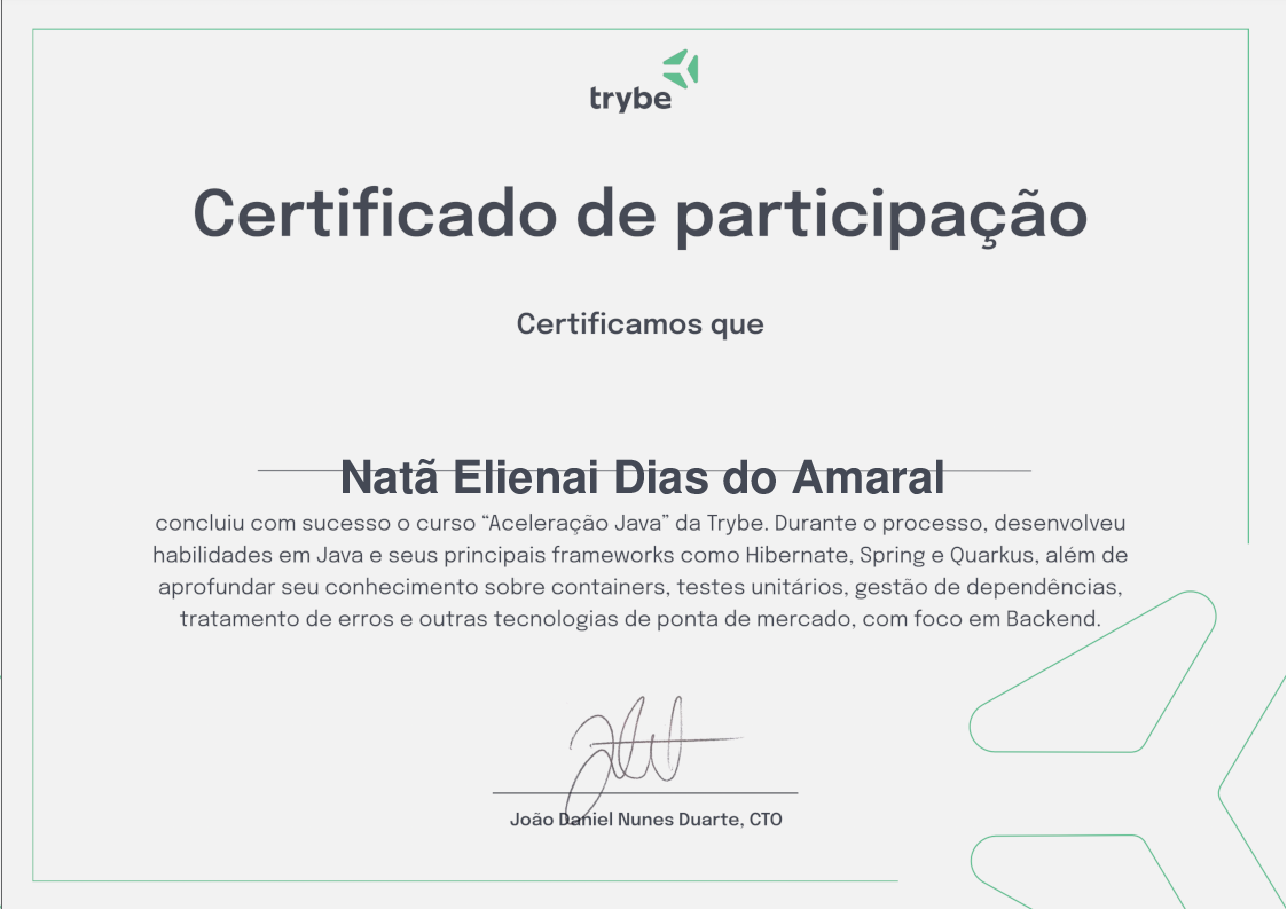 Certificado de Participação de Natã Elienai Dias do Amaral, emitido por Trybe