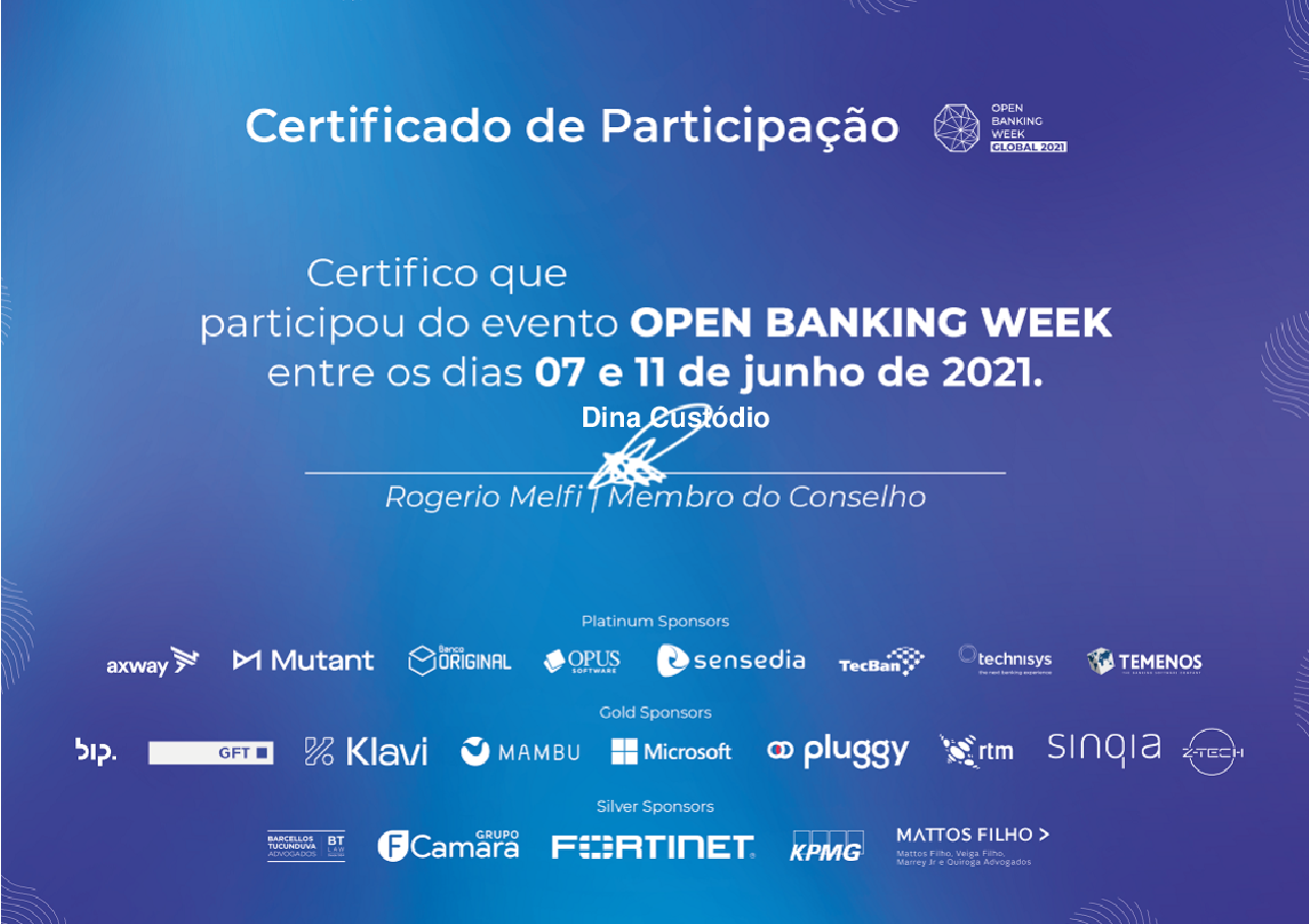 Certificado de Participação de Dina Custódio, emitido por Open Banking Brasil