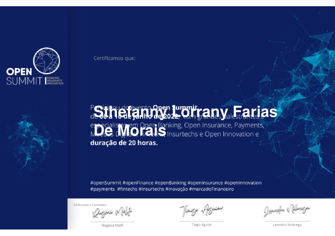 Certificado de Participação de Sthefanny  Lorrany Farias De Morais, emitido por Somos Ox