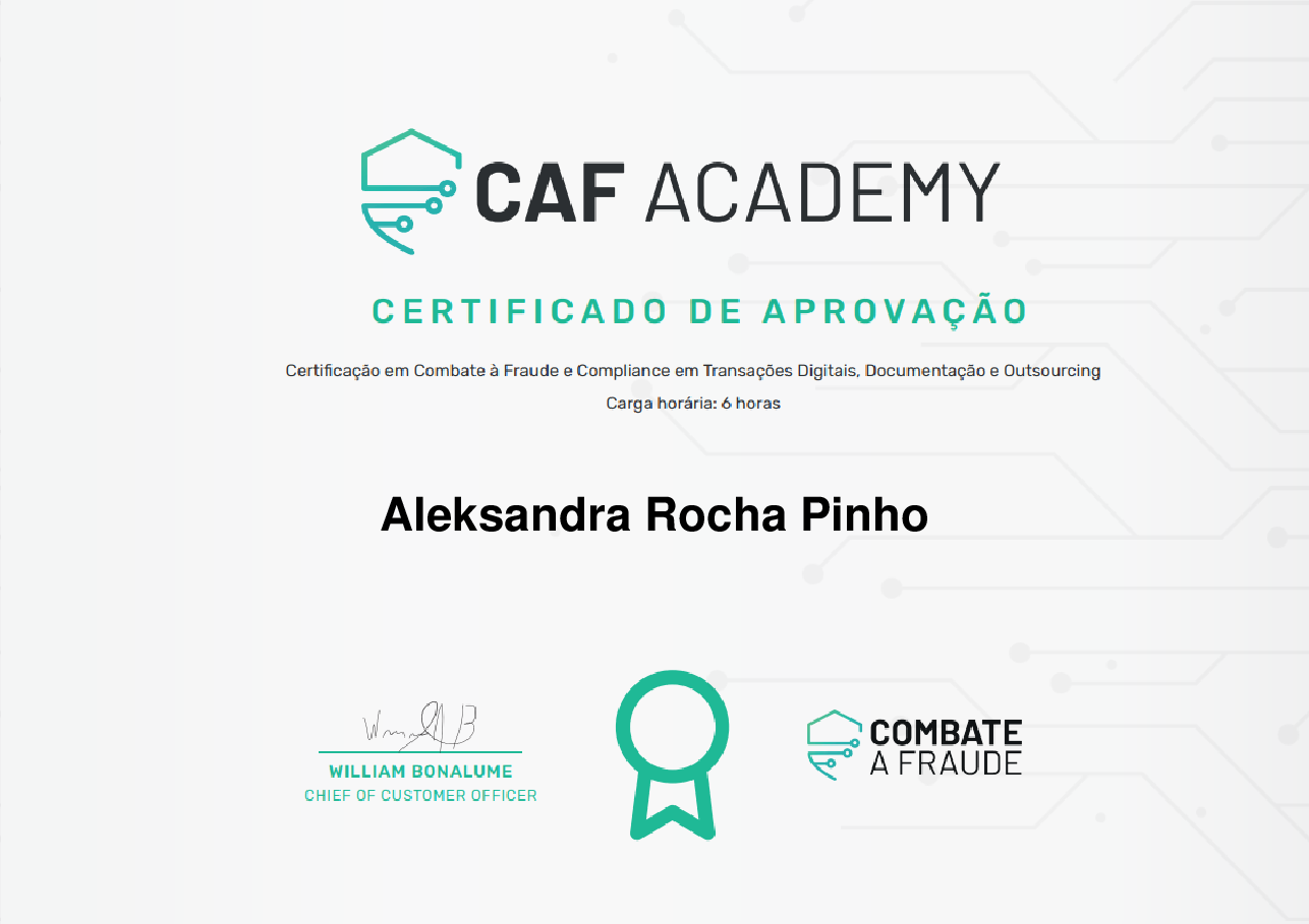 Certificado de Conclusão de Aleksandra Rocha Pinho, emitido por Fintech School