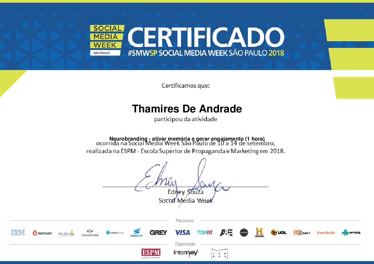 Certificado de Participação de Thamires De Andrade, emitido por Social Media Week