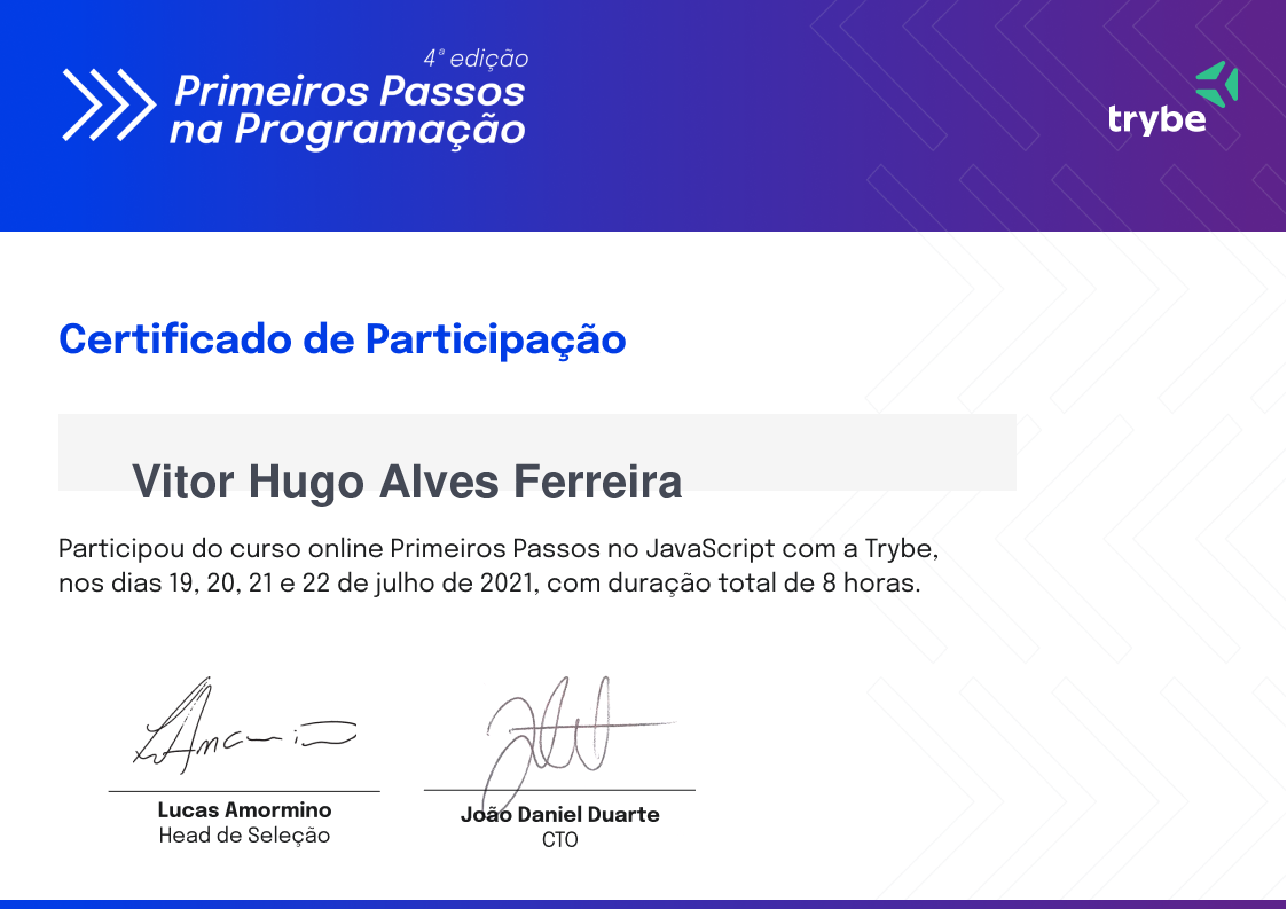 Certificado de Participação de Vitor Hugo Alves Ferreira, emitido por Trybe