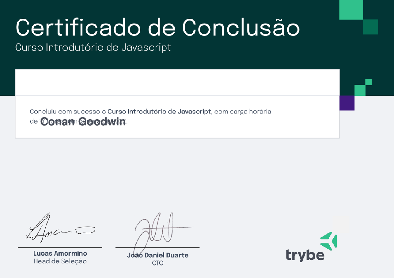 Certificado de Conclusão de Conan Goodwin, emitido por Trybe