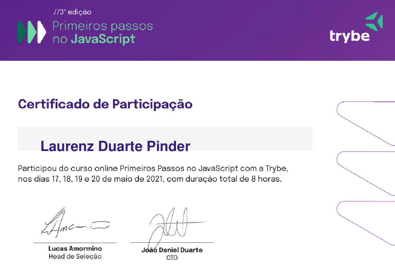 Certificado de Participação de Laurenz Duarte Pinder, emitido por Trybe