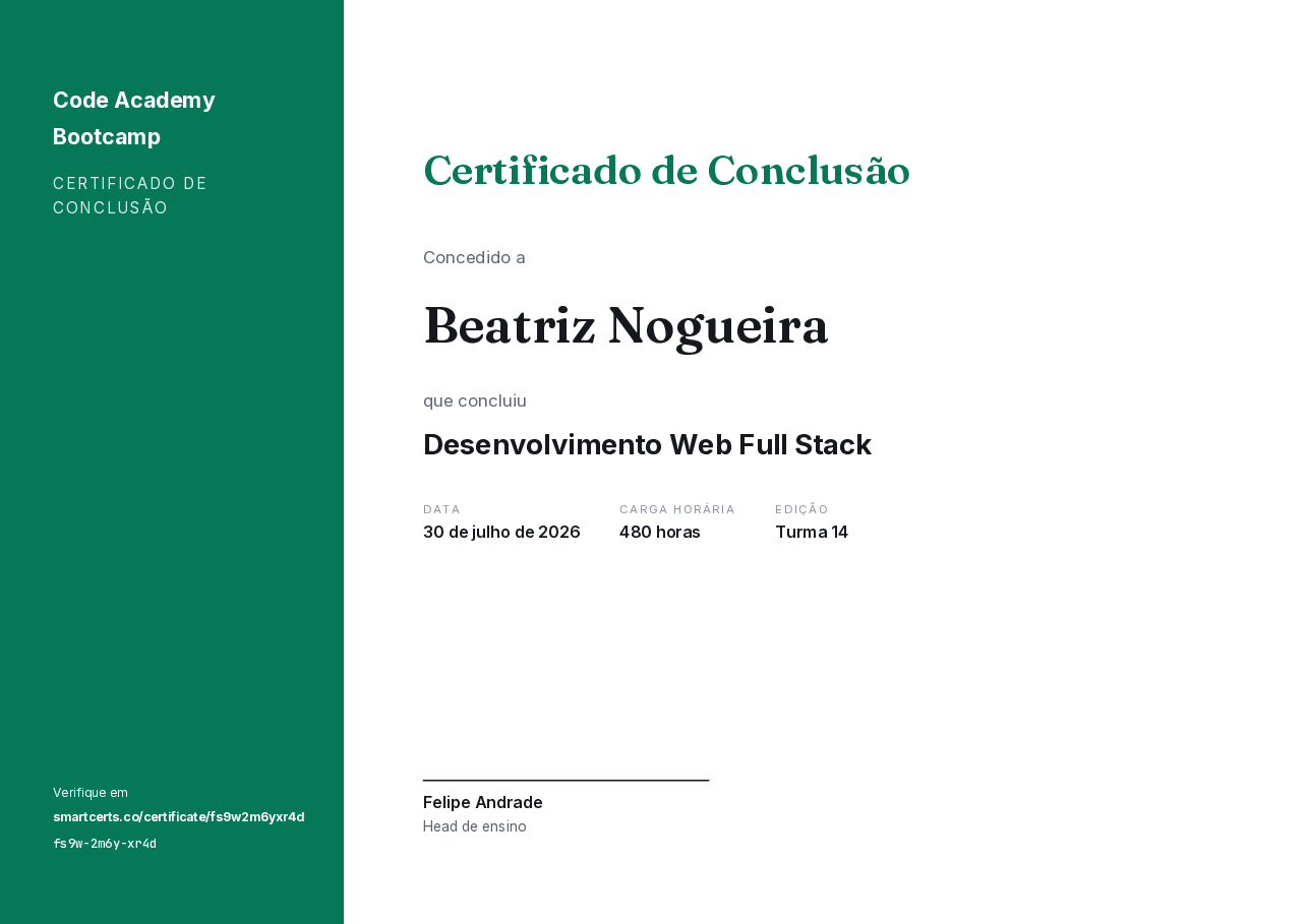 Certificado de Conclusão de Beatriz Nogueira, Code Academy Bootcamp