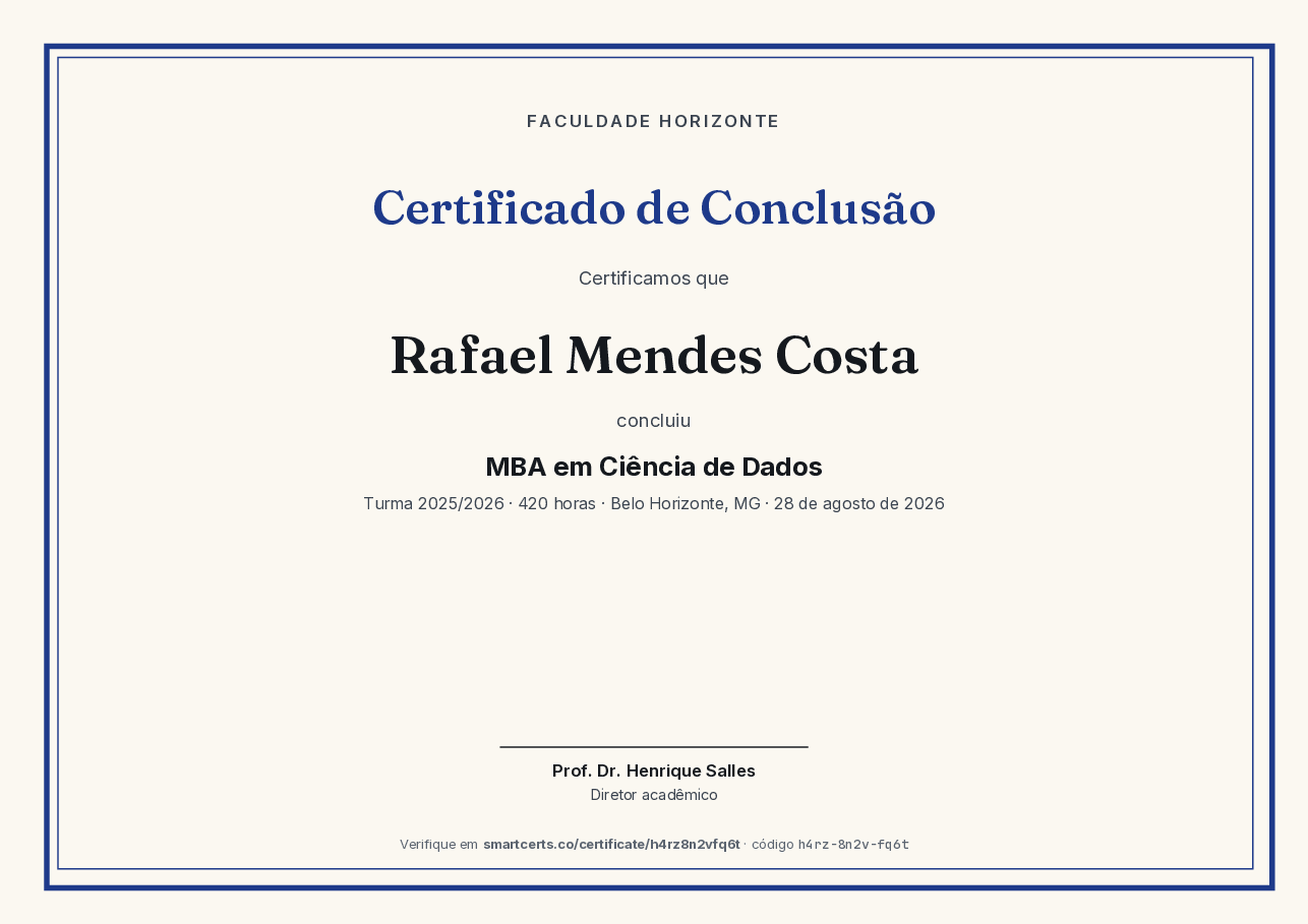 Certificado de Conclusão de Rafael Mendes Costa, Faculdade Horizonte