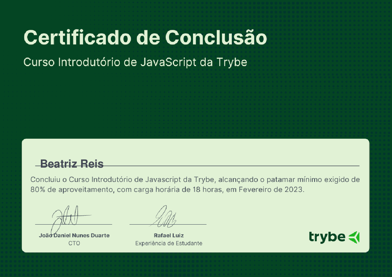 Certificado de Participação de Beatriz Reis, emitido por Trybe