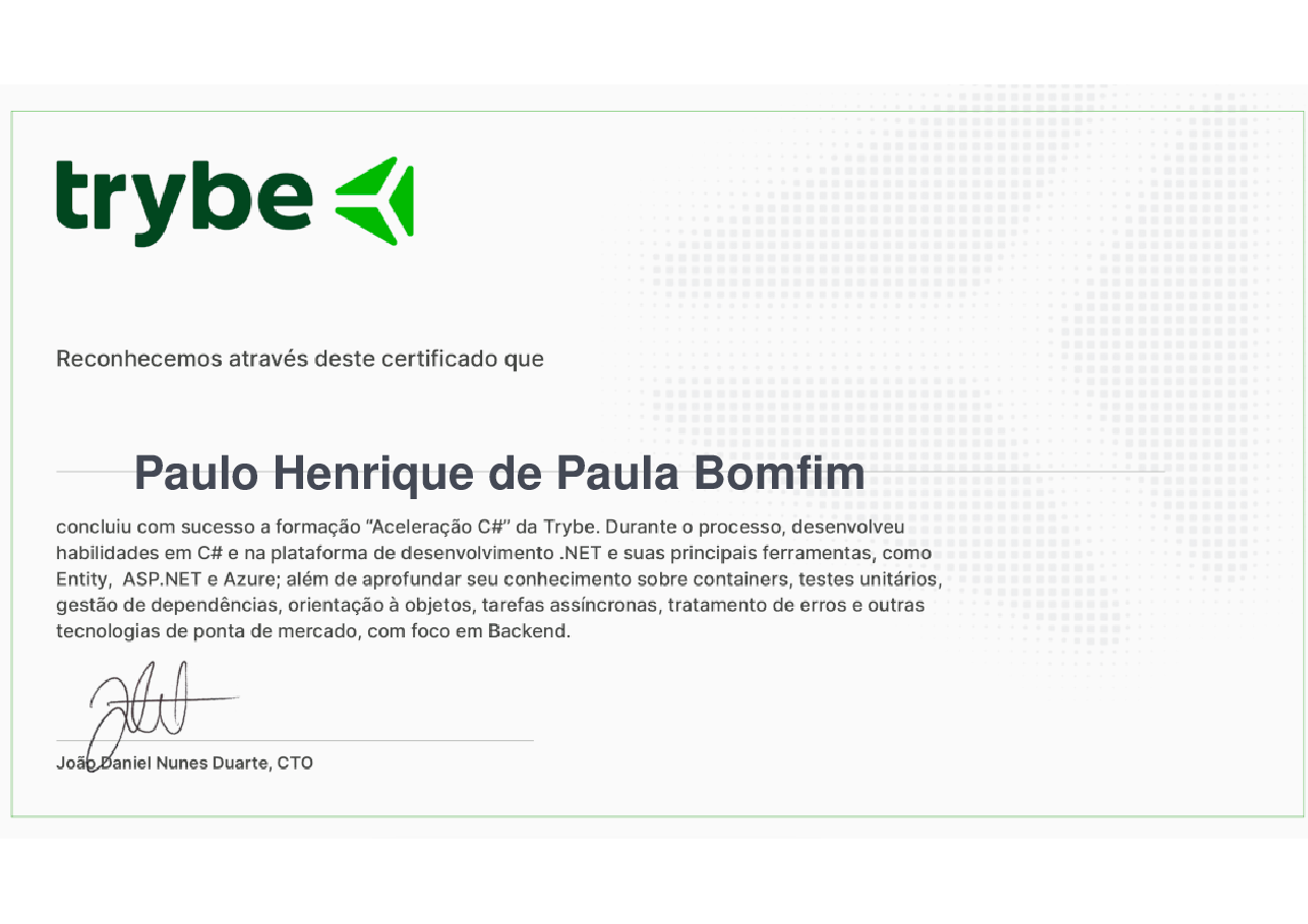 Certificado de Participação de Paulo Henrique de Paula Bomfim, emitido por Trybe