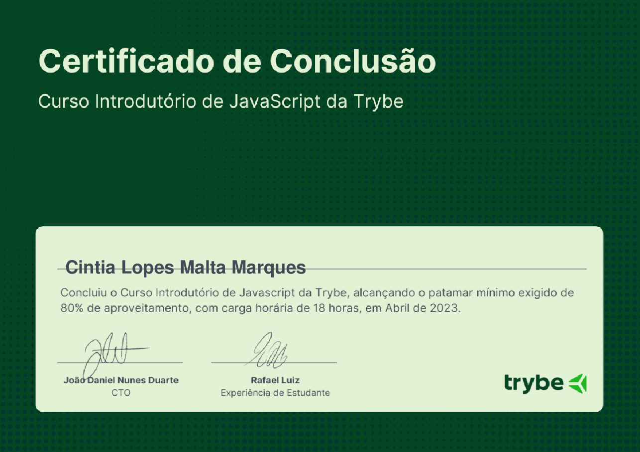Certificado de Conclusão de Cintia Lopes Malta Marques, emitido por Trybe