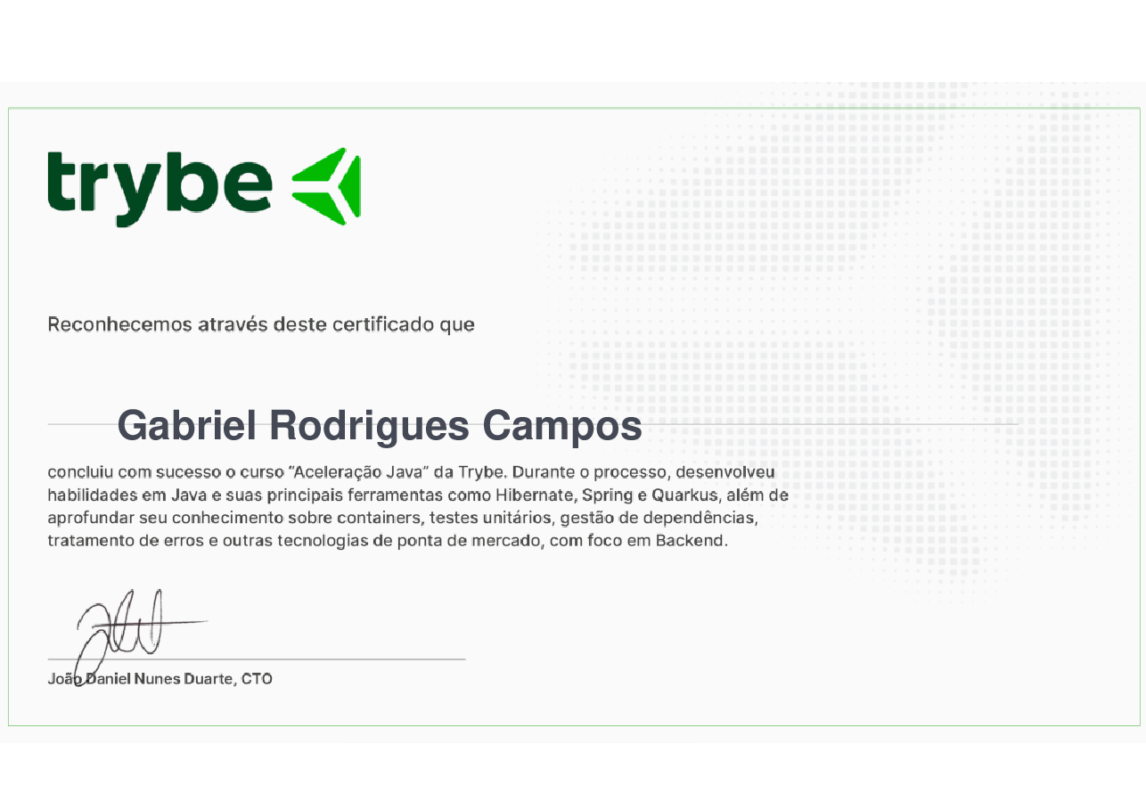 Certificado de Conclusão de Gabriel Rodrigues Campos, emitido por Trybe