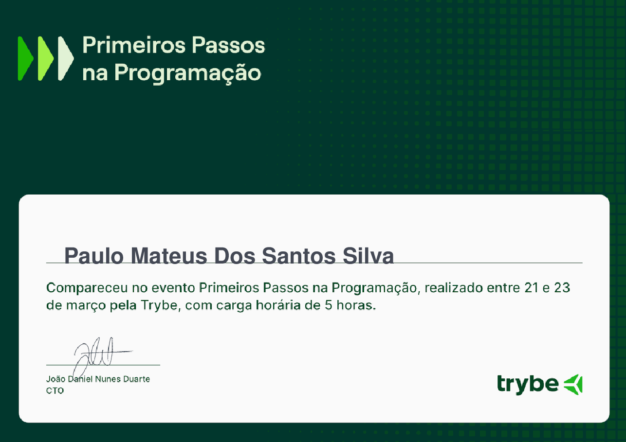 Certificado de Participação de Paulo Mateus Dos Santos Silva, emitido por Trybe