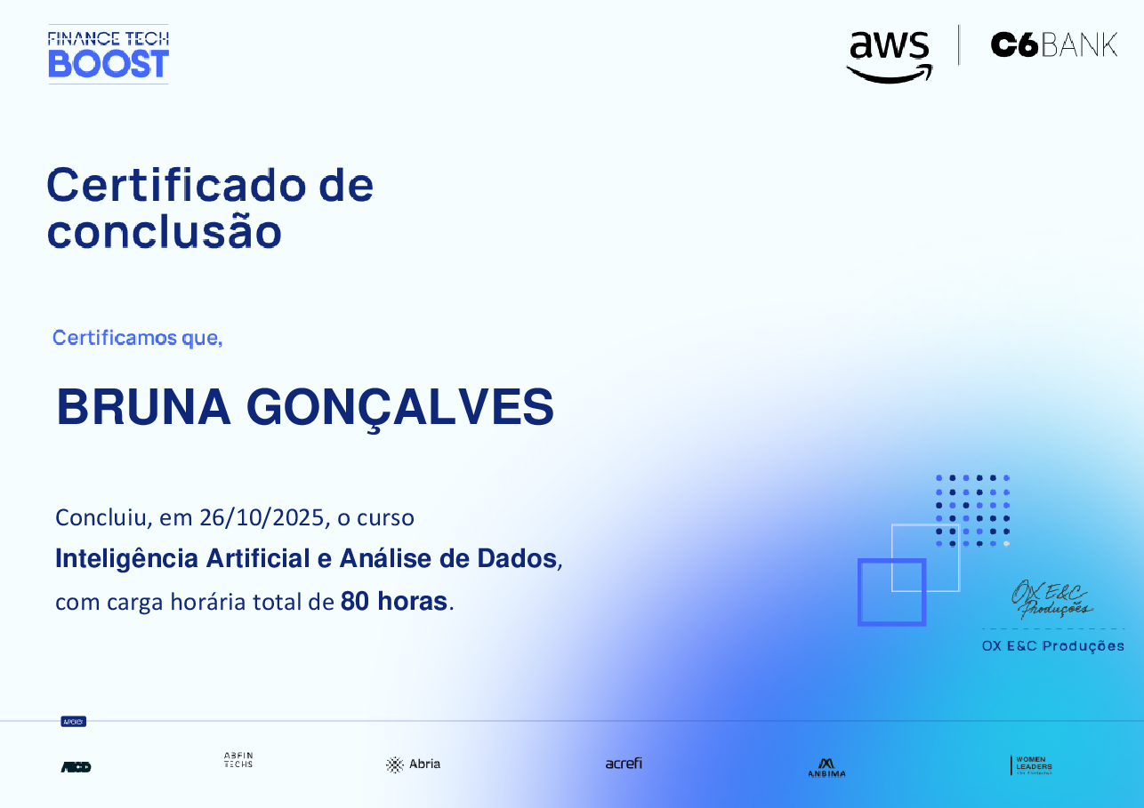 Certificado de Conclusão de BRUNA GONÇALVES, emitido por Finance TechBoost