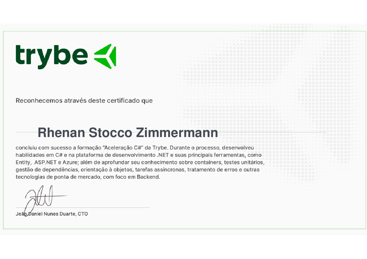 Certificado de Participação de Rhenan Stocco Zimmermann, emitido por Trybe