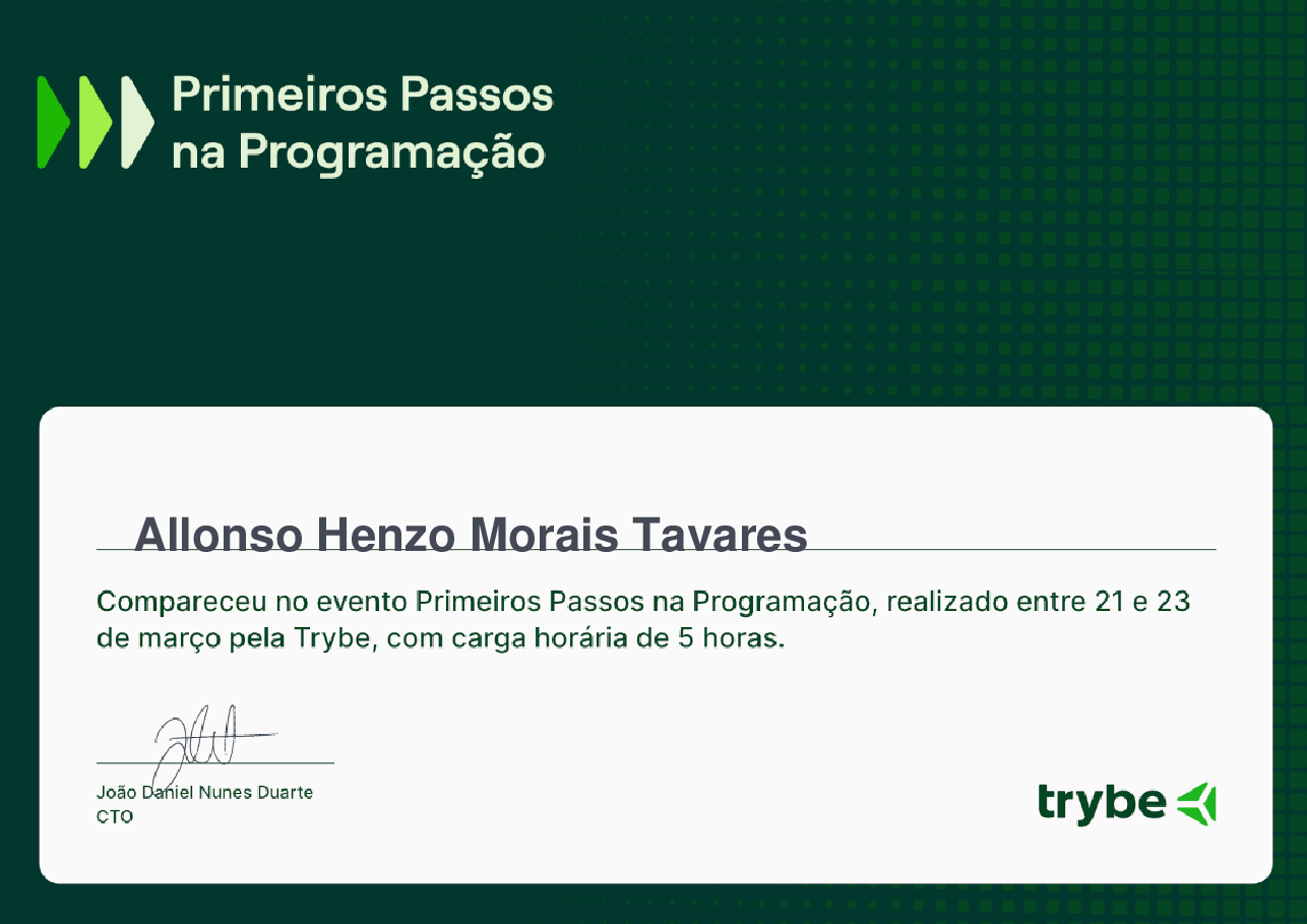 Certificado de Participação de Allonso Henzo Morais Tavares, emitido por Trybe