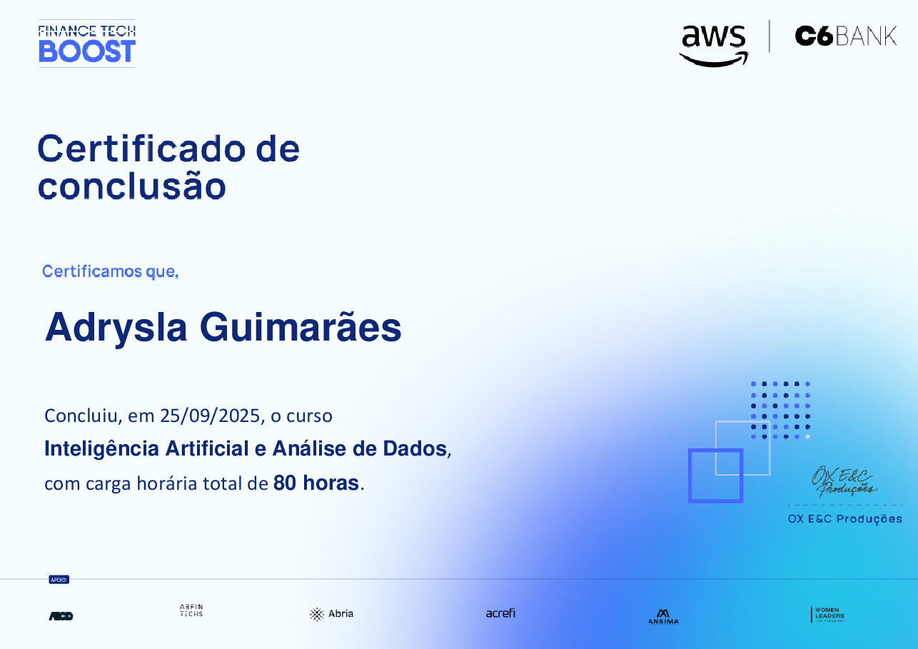 Certificado de Conclusão de Adrysla Guimarães, emitido por Finance TechBoost