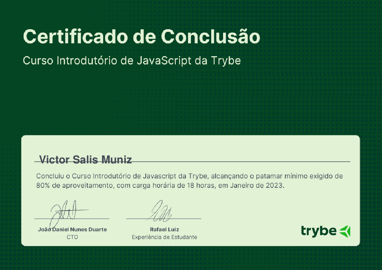 Certificado de Participação de Victor Salis Muniz, emitido por Trybe