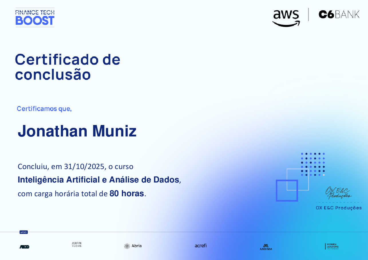 Certificado de Conclusão de Jonathan  Muniz, emitido por Finance TechBoost