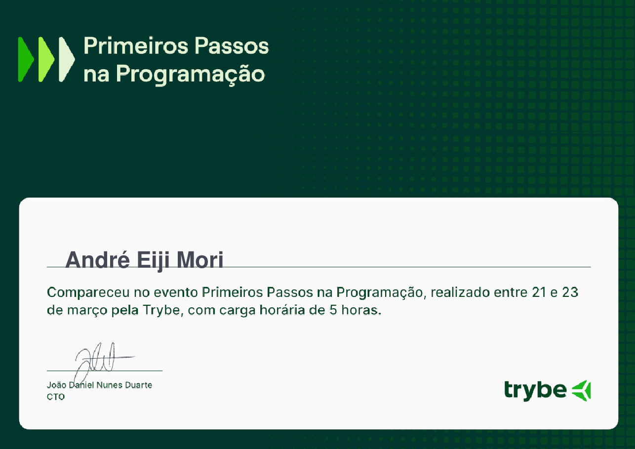 Certificado de Participação de André Eiji Mori, emitido por Trybe