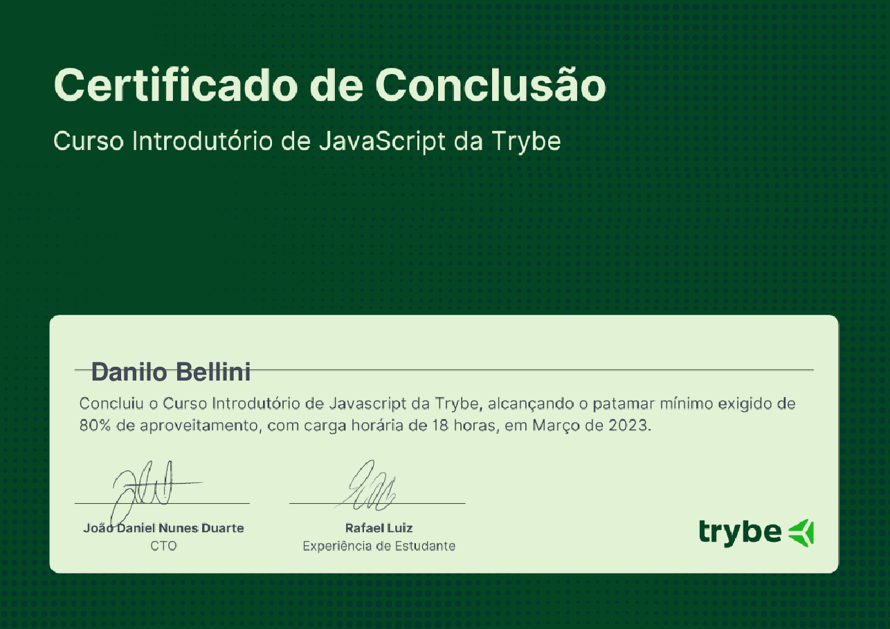 Certificado de Participação de Danilo Bellini, emitido por Trybe