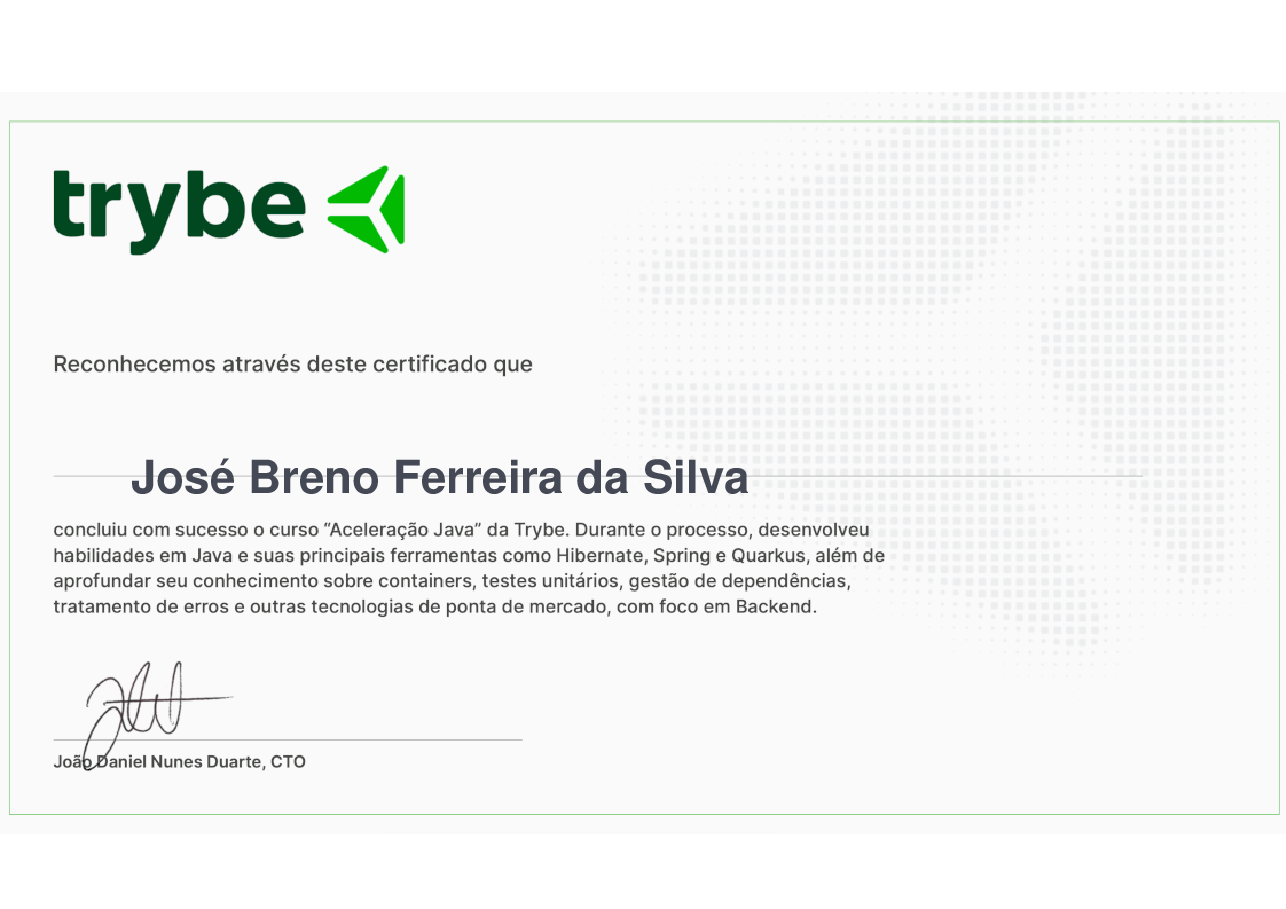 Certificado de Participação de José Breno Ferreira da Silva, emitido por Trybe