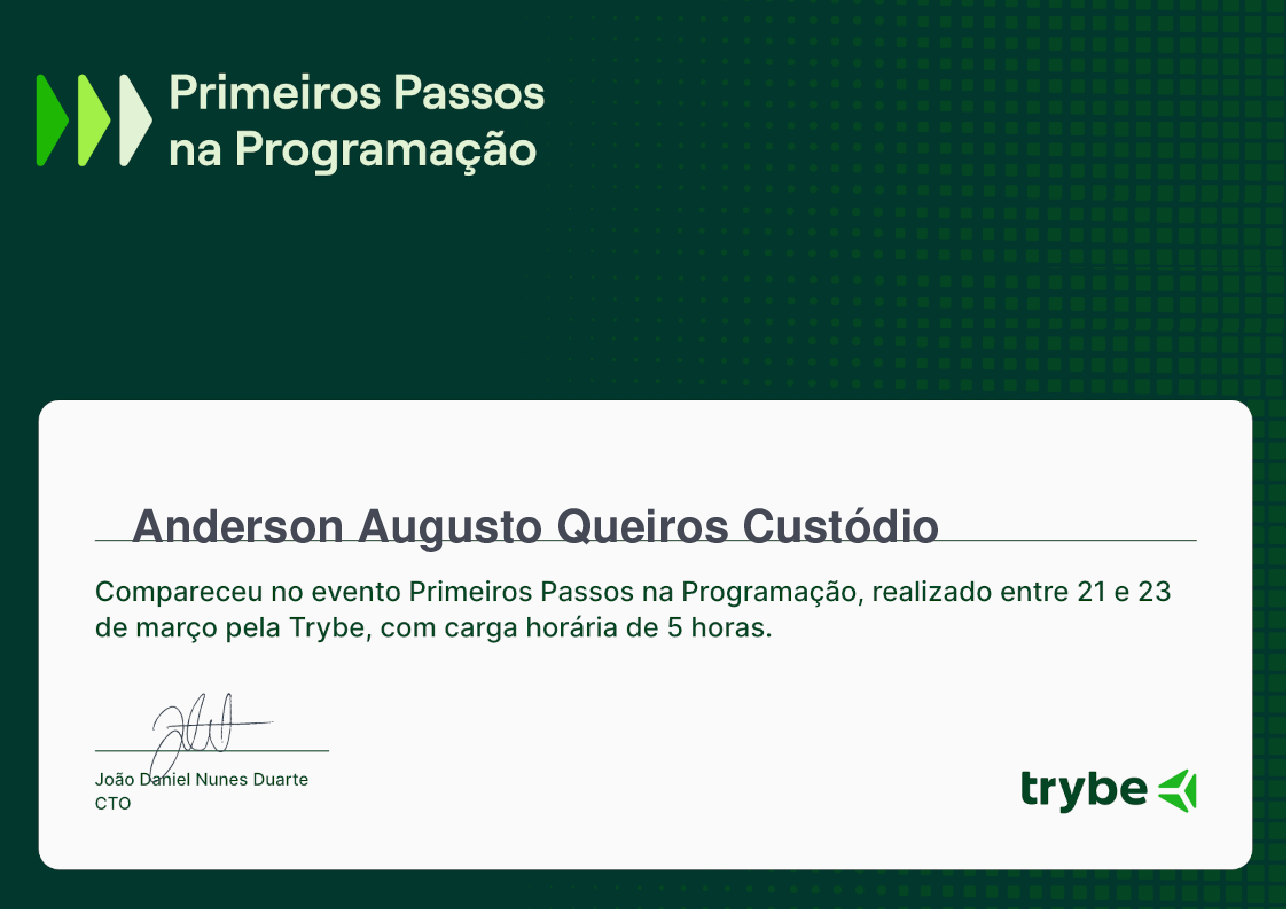 Certificado de Participação de Anderson Augusto Queiros Custódio, emitido por Trybe