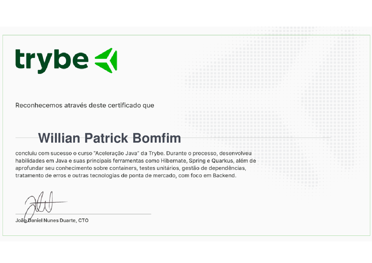 Certificado de Conclusão de Willian Patrick Bomfim, emitido por Trybe